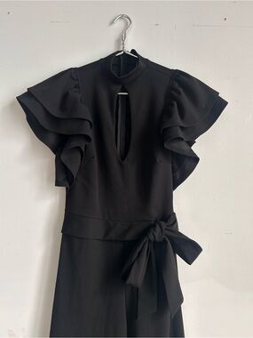 Elegant Black Ruffle-Sleeve Jumpsuit with Tie Waist and Keyhole Plunge Front
